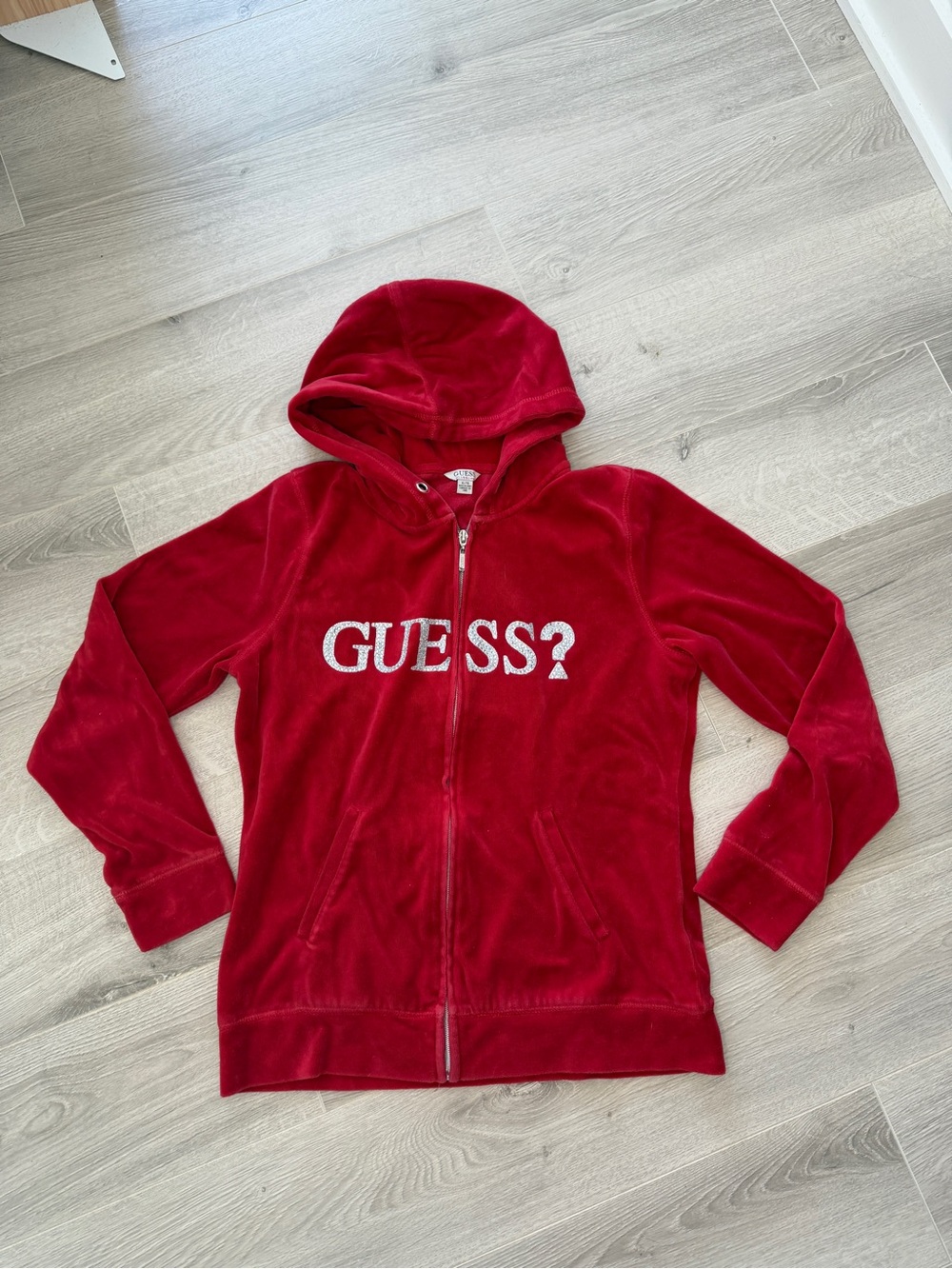 Guess Est 1981 Velour Zip Hoodie Red Silver Glitter Logo Womens XL Y2K